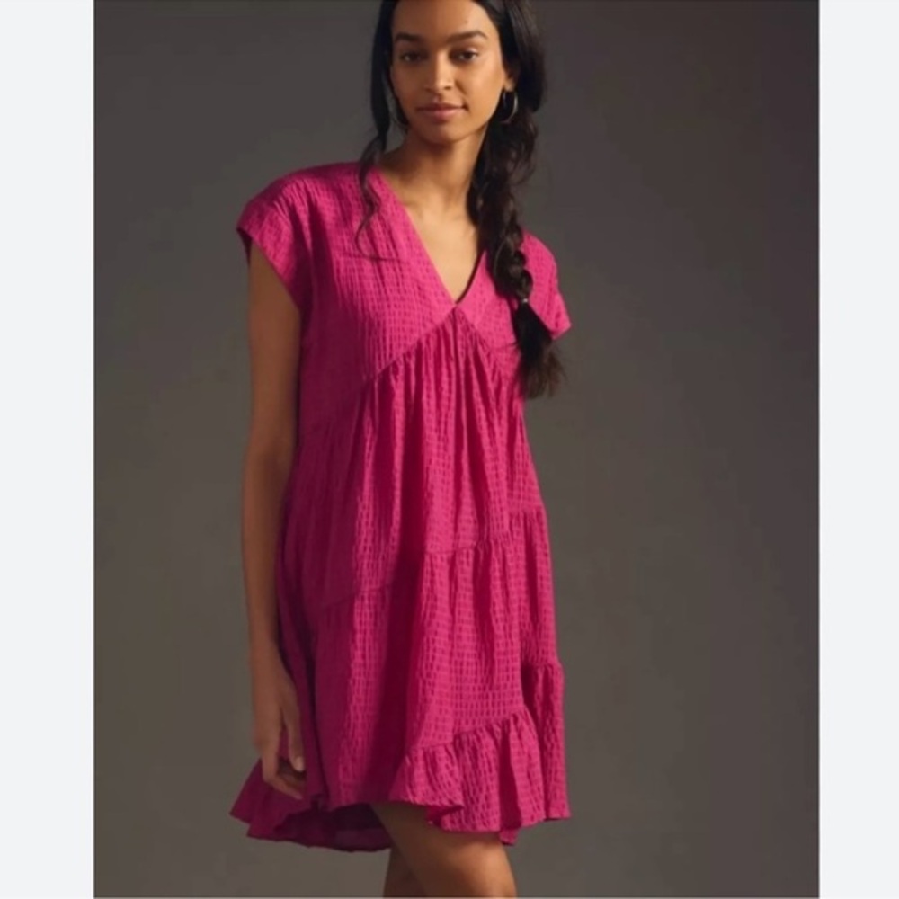 Anthropologie Maeve Tunic Tiered Babydoll Mini Short Dress V-Neck Raspberry